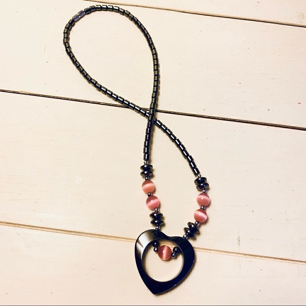 NEW 18” HEMATITE OPEN HEART W/ROSE QUARTZ STONE NECKLACE - Picture 7 of 14